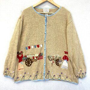 Vtg Stitches In Time Womens 2X Cardigan Sweater Embroidered Flowers Grannycore